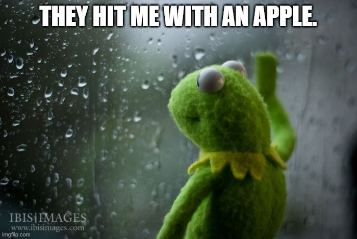 kermit window | THEY HIT ME WITH AN APPLE. | image tagged in kermit window | made w/ Imgflip meme maker