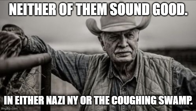 So God Made A Farmer Meme | NEITHER OF THEM SOUND GOOD. IN EITHER NAZI NY OR THE COUGHING SWAMP. | image tagged in memes,so god made a farmer | made w/ Imgflip meme maker