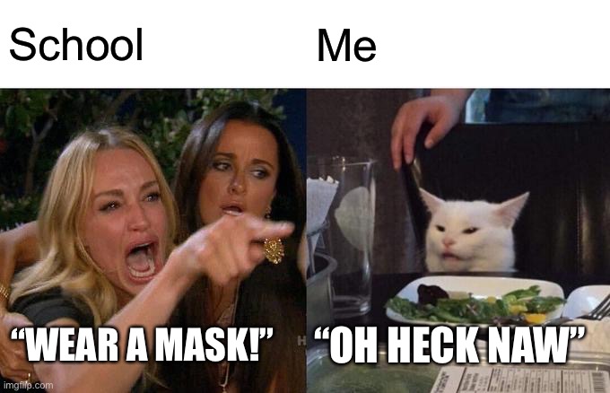 Legit every school | School; Me; “WEAR A MASK!”; “OH HECK NAW” | image tagged in memes,woman yelling at cat | made w/ Imgflip meme maker