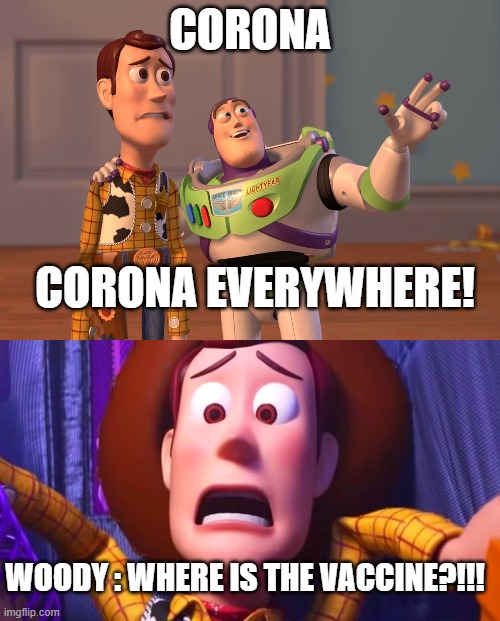  CORONA; CORONA EVERYWHERE! WOODY : WHERE IS THE VACCINE?!!! | image tagged in memes,x x everywhere | made w/ Imgflip meme maker