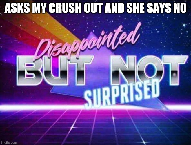 ima ask my crush out wish me luck | ASKS MY CRUSH OUT AND SHE SAYS NO | image tagged in disappointed but not surprised | made w/ Imgflip meme maker