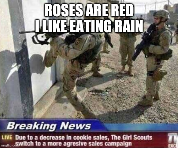 Roses are red | ROSES ARE RED
I LIKE EATING RAIN | image tagged in funny | made w/ Imgflip meme maker