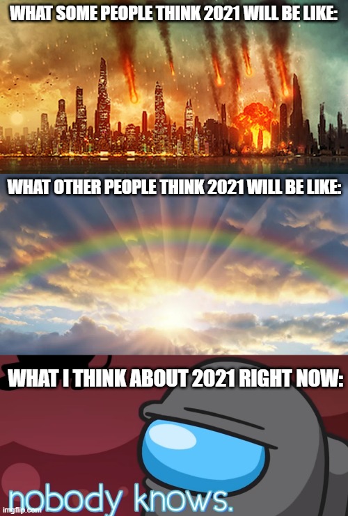 We gotta be ready for anything.... | WHAT SOME PEOPLE THINK 2021 WILL BE LIKE:; WHAT OTHER PEOPLE THINK 2021 WILL BE LIKE:; WHAT I THINK ABOUT 2021 RIGHT NOW: | image tagged in apocalypse,sunshine and rainbows,but nobody knows,2021,among us | made w/ Imgflip meme maker