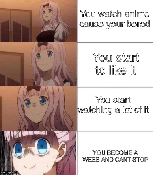 How I became a weeb | You watch anime cause your bored; You start to like it; You start watching a lot of it; YOU BECOME A WEEB AND CANT STOP | image tagged in chika template | made w/ Imgflip meme maker