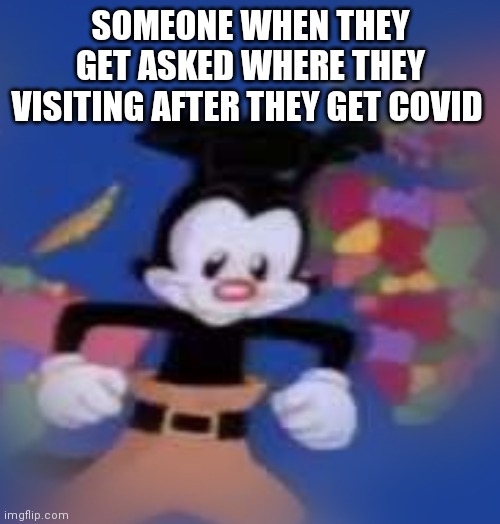 YAKKO | SOMEONE WHEN THEY GET ASKED WHERE THEY VISITING AFTER THEY GET COVID | image tagged in yakko | made w/ Imgflip meme maker