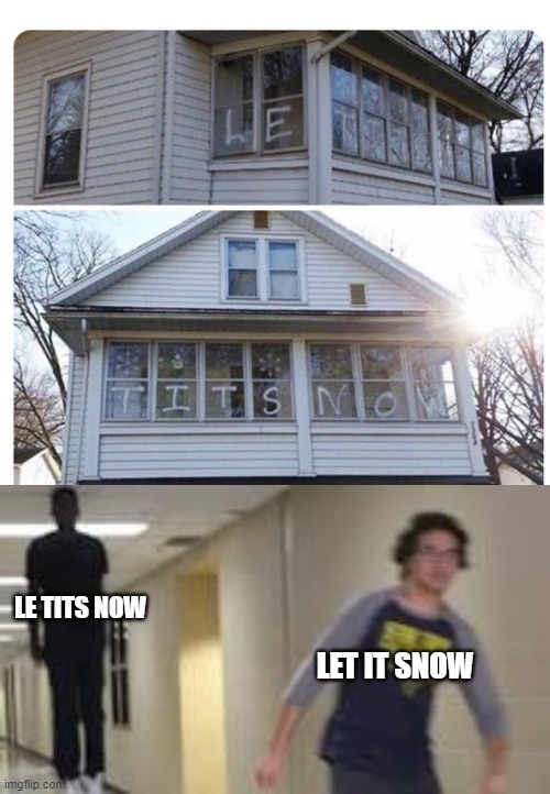 LE TITS NOW; LET IT SNOW | image tagged in guy running down hallway | made w/ Imgflip meme maker