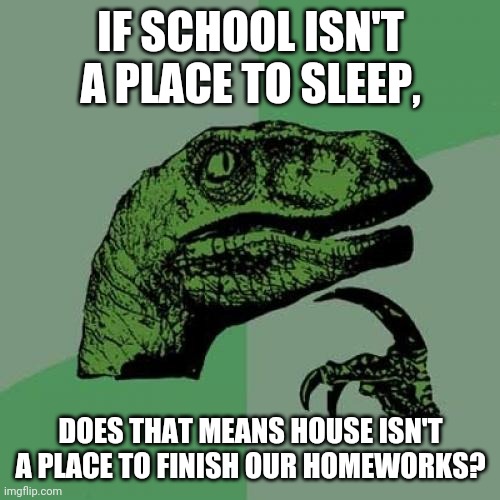 Philosoraptor | IF SCHOOL ISN'T A PLACE TO SLEEP, DOES THAT MEANS HOUSE ISN'T A PLACE TO FINISH OUR HOMEWORKS? | image tagged in memes,philosoraptor | made w/ Imgflip meme maker