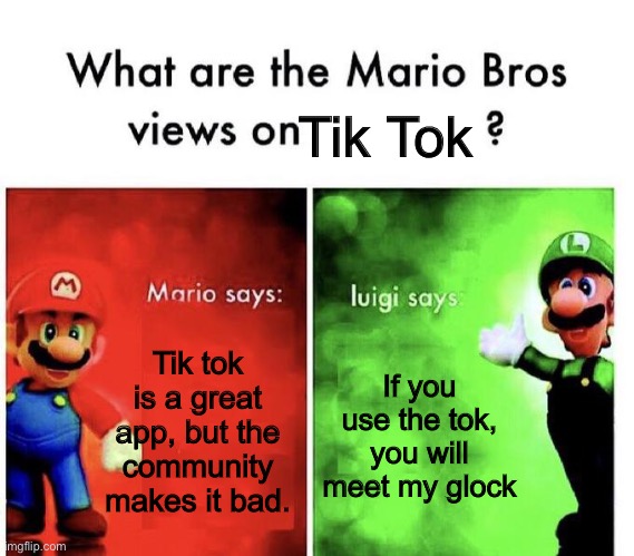 Mario Bros Views | Tik Tok; Tik tok is a great app, but the community makes it bad. If you use the tok, you will meet my glock | image tagged in mario bros views | made w/ Imgflip meme maker