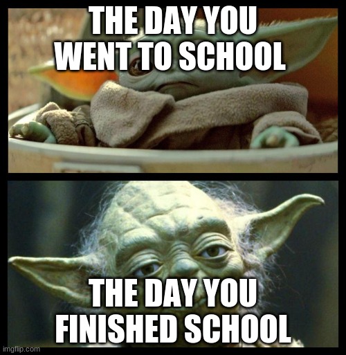 baby yoda | THE DAY YOU WENT TO SCHOOL; THE DAY YOU FINISHED SCHOOL\\\\\\\\\ | image tagged in baby yoda | made w/ Imgflip meme maker