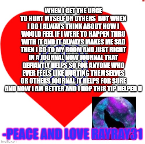 RayRay31's meme | WHEN I GET THE URGE TO HURT MYSELF OR OTHERS  BUT WHEN I DO I ALWAYS THINK ABOUT HOW I WOULD FEEL IF I WERE TO HAPPEN THRU WITH IT AND IT ALWAYS MAKES ME SAD THEN I GO TO MY ROOM AND JUST RIGHT IN A JOURNAL NOW JOURNAL THAT DEFIANTLY HELPS SO FOR ANYONE WHO EVER FEELS LIKE HURTING THEMSELVES OR OTHERS JOURNAL IT HELPS FOR SURE AND NOW I AM BETTER AND I HOP THIS TIP HELPED U; -PEACE AND LOVE RAYRAY31 | image tagged in rayray31's meme | made w/ Imgflip meme maker