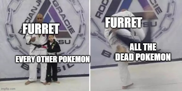 Furret rulezzz! | FURRET; FURRET; ALL THE DEAD POKEMON; EVERY OTHER POKEMON | image tagged in always give it your all,memes,furret,pokemon | made w/ Imgflip meme maker