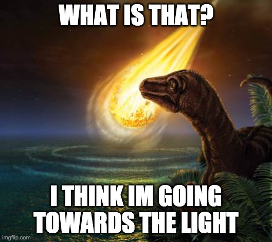 Cretaceous Mass Extinction | WHAT IS THAT? I THINK IM GOING TOWARDS THE LIGHT | image tagged in almost dead dinosaur | made w/ Imgflip meme maker
