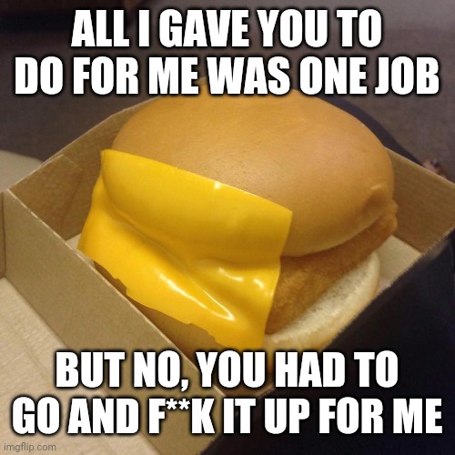 You had ONE job | ALL I GAVE YOU TO DO FOR ME WAS ONE JOB; BUT NO, YOU HAD TO GO AND F**K IT UP FOR ME | image tagged in you had one job | made w/ Imgflip meme maker