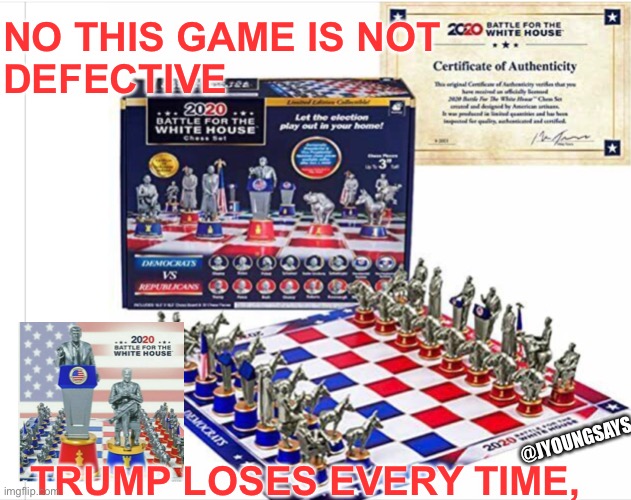 Trump loses | NO THIS GAME IS NOT
DEFECTIVE; TRUMP LOSES EVERY TIME, @JYOUNGSAYS | image tagged in trump,biden,game,election 2020,republican,democrats | made w/ Imgflip meme maker