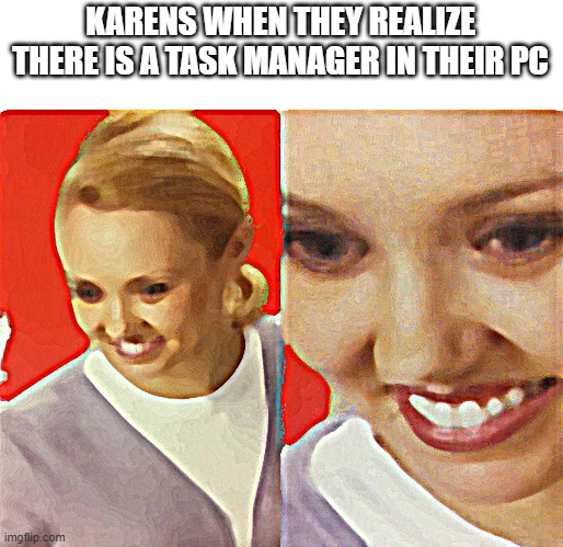 WAIT WHAT? | KARENS WHEN THEY REALIZE THERE IS A TASK MANAGER IN THEIR PC | image tagged in wait what,karens,task manager,pc,computer,realization | made w/ Imgflip meme maker
