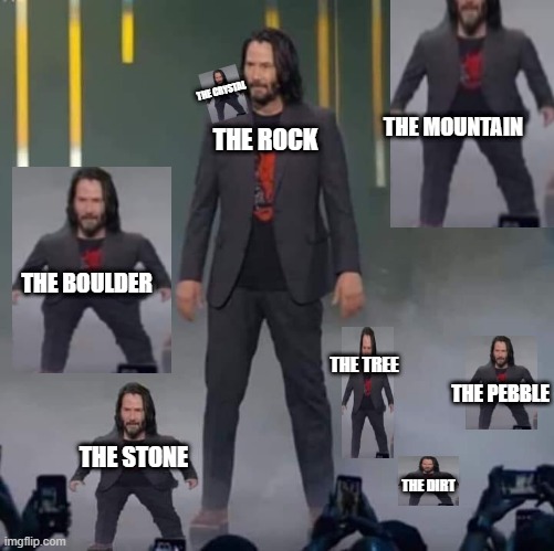 w...what next, guys | THE CRYSTAL; THE MOUNTAIN; THE ROCK; THE BOULDER; THE TREE; THE PEBBLE; THE STONE; THE DIRT | image tagged in keanu and mini keanu,ima die now,oh wow are you actually reading these tags | made w/ Imgflip meme maker