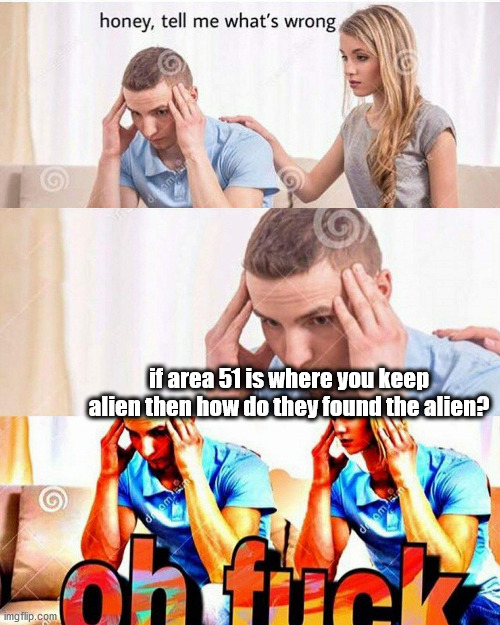 honey whats wrong | if area 51 is where you keep alien then how do they found the alien? | image tagged in honey whats wrong | made w/ Imgflip meme maker