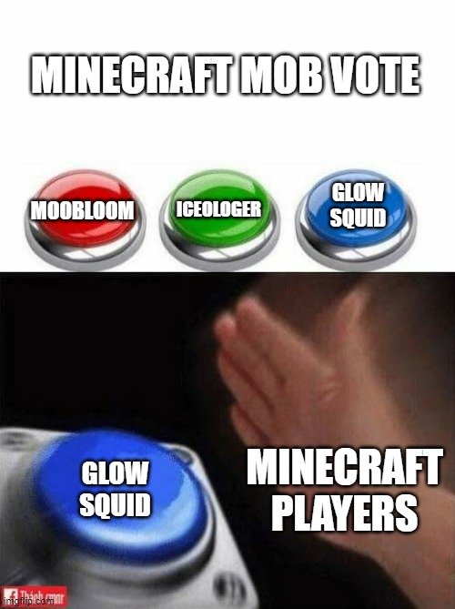 Minecraft 2020 | MINECRAFT MOB VOTE; GLOW SQUID; MOOBLOOM; ICEOLOGER; MINECRAFT PLAYERS; GLOW SQUID | image tagged in three buttons | made w/ Imgflip meme maker