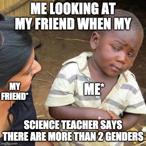 Third World Skeptical Kid | ME LOOKING AT MY FRIEND WHEN MY; ME*; MY FRIEND*; SCIENCE TEACHER SAYS THERE ARE MORE THAN 2 GENDERS | image tagged in memes,third world skeptical kid | made w/ Imgflip meme maker