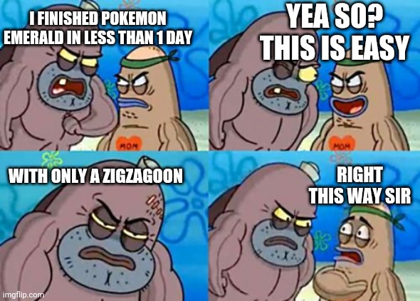 Can you defeat pokemon emerald with only a Zigzagoon? | YEA SO? THIS IS EASY; I FINISHED POKEMON EMERALD IN LESS THAN 1 DAY; WITH ONLY A ZIGZAGOON; RIGHT THIS WAY SIR | image tagged in memes,how tough are you,pokemon | made w/ Imgflip meme maker