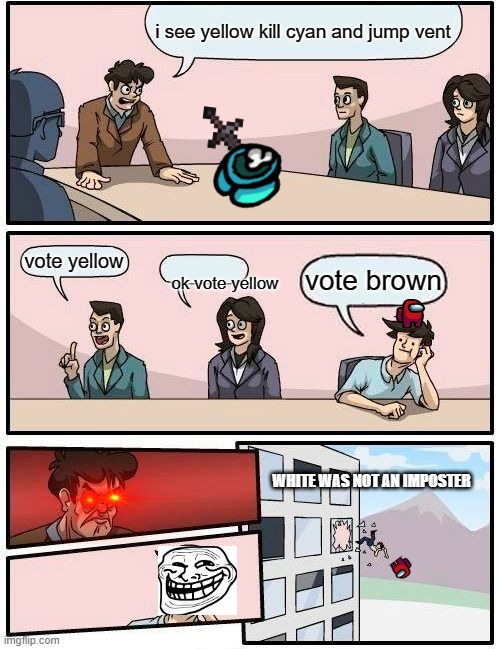 Boardroom Meeting Suggestion | i see yellow kill cyan and jump vent; vote yellow; vote brown; ok vote yellow; WHITE WAS NOT AN IMPOSTER | image tagged in memes,boardroom meeting suggestion | made w/ Imgflip meme maker