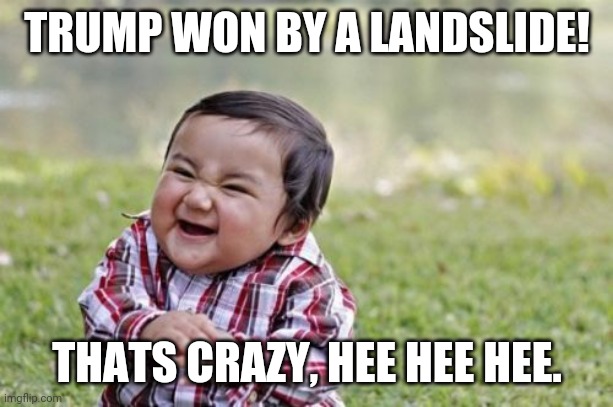Evil Toddler Meme | TRUMP WON BY A LANDSLIDE! THATS CRAZY, HEE HEE HEE. | image tagged in memes,evil toddler | made w/ Imgflip meme maker