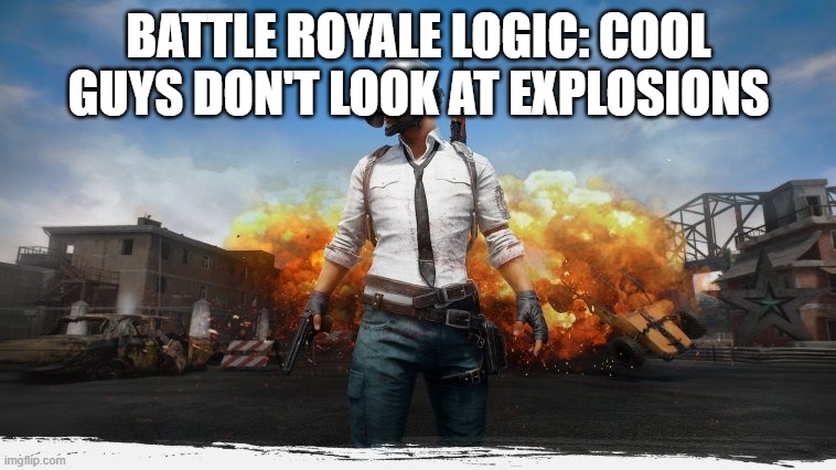 PUBG | BATTLE ROYALE LOGIC: COOL GUYS DON'T LOOK AT EXPLOSIONS | image tagged in pubg | made w/ Imgflip meme maker