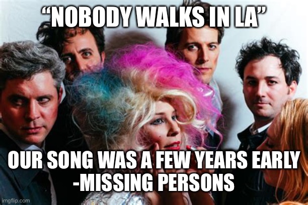 “NOBODY WALKS IN LA” OUR SONG WAS A FEW YEARS EARLY

-MISSING PERSONS | made w/ Imgflip meme maker