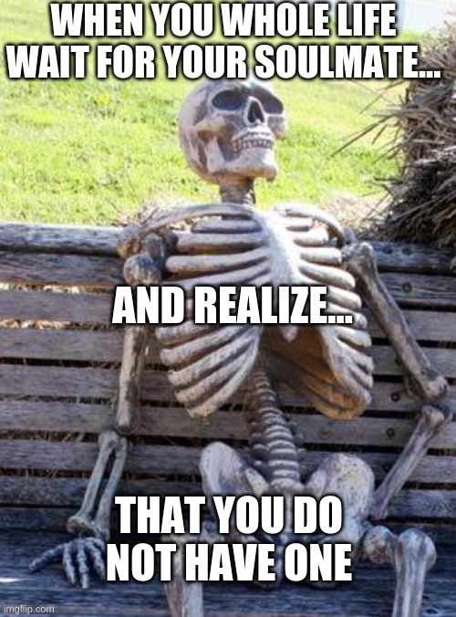 When you are lonely forever |  WHEN YOU WHOLE LIFE WAIT FOR YOUR SOULMATE... AND REALIZE... THAT YOU DO NOT HAVE ONE | image tagged in memes,waiting skeleton,soulmates,lonely | made w/ Imgflip meme maker