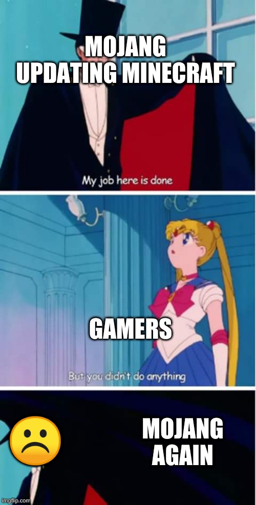 sailor moon you didn't do anything | MOJANG UPDATING MINECRAFT; GAMERS; ☹️; MOJANG AGAIN | image tagged in sailor moon you didn't do anything | made w/ Imgflip meme maker