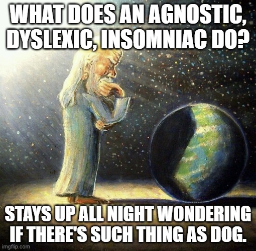 Not another dad joke..... | WHAT DOES AN AGNOSTIC, DYSLEXIC, INSOMNIAC DO? STAYS UP ALL NIGHT WONDERING IF THERE'S SUCH THING AS DOG. | image tagged in god earth,dyslexia,insomnia,dad joke,agnostic | made w/ Imgflip meme maker