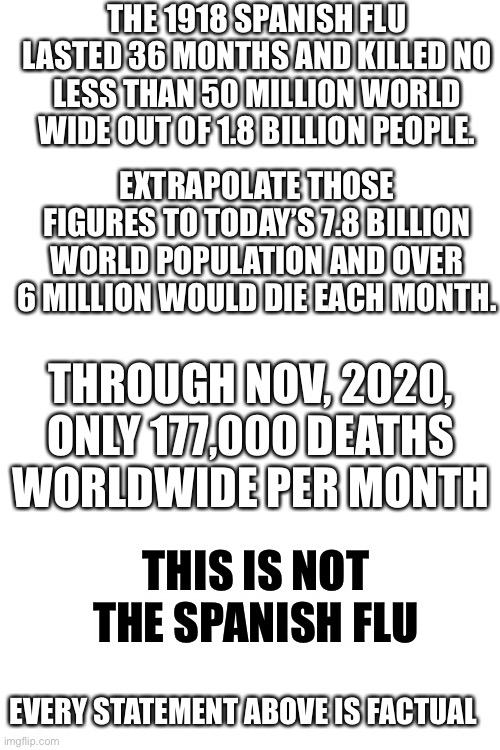Open your mind and think | THE 1918 SPANISH FLU LASTED 36 MONTHS AND KILLED NO LESS THAN 50 MILLION WORLD WIDE OUT OF 1.8 BILLION PEOPLE. EXTRAPOLATE THOSE FIGURES TO TODAY’S 7.8 BILLION WORLD POPULATION AND OVER 6 MILLION WOULD DIE EACH MONTH. THROUGH NOV, 2020, ONLY 177,000 DEATHS WORLDWIDE PER MONTH; THIS IS NOT THE SPANISH FLU; EVERY STATEMENT ABOVE IS FACTUAL | image tagged in facts,covid,spanish flu,think | made w/ Imgflip meme maker
