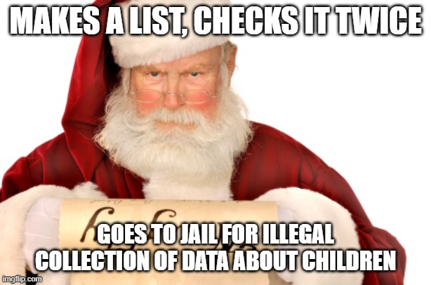 Looks like Santa is on the naughty list! | MAKES A LIST, CHECKS IT TWICE; GOES TO JAIL FOR ILLEGAL COLLECTION OF DATA ABOUT CHILDREN | image tagged in santa naughty list,santa,santa claus | made w/ Imgflip meme maker