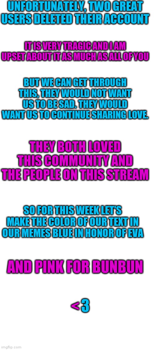 UNFORTUNATELY, TWO GREAT USERS DELETED THEIR ACCOUNT; IT IS VERY TRAGIC AND I AM UPSET ABOUT IT AS MUCH AS ALL OF YOU; BUT WE CAN GET THROUGH THIS, THEY WOULD NOT WANT US TO BE SAD. THEY WOULD WANT US TO CONTINUE SHARING LOVE. THEY BOTH LOVED THIS COMMUNITY AND THE PEOPLE ON THIS STREAM; SO FOR THIS WEEK LET'S MAKE THE COLOR OF OUR TEXT IN OUR MEMES BLUE IN HONOR OF EVA; AND PINK FOR BUNBUN; 3; < | image tagged in blank white template | made w/ Imgflip meme maker