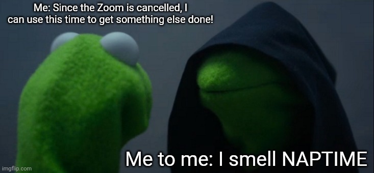 Evil Kermit Meme | Me: Since the Zoom is cancelled, I can use this time to get something else done! Me to me: I smell NAPTIME | image tagged in memes,evil kermit | made w/ Imgflip meme maker