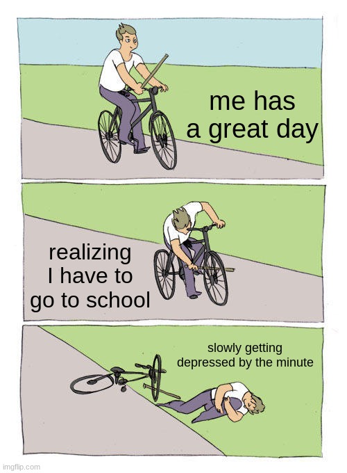 just another meme | me has a great day; realizing I have to go to school; slowly getting depressed by the minute | image tagged in memes,bike fall | made w/ Imgflip meme maker