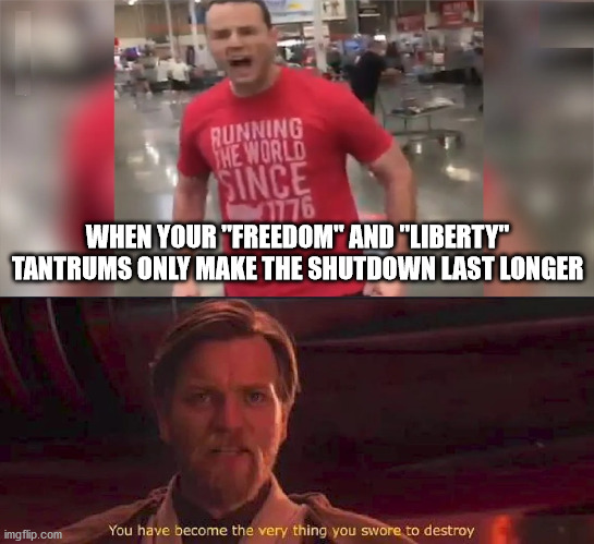 All About Me | WHEN YOUR "FREEDOM" AND "LIBERTY" TANTRUMS ONLY MAKE THE SHUTDOWN LAST LONGER | image tagged in funny memes,shutdown,covid,masks,obi wan kenobi | made w/ Imgflip meme maker