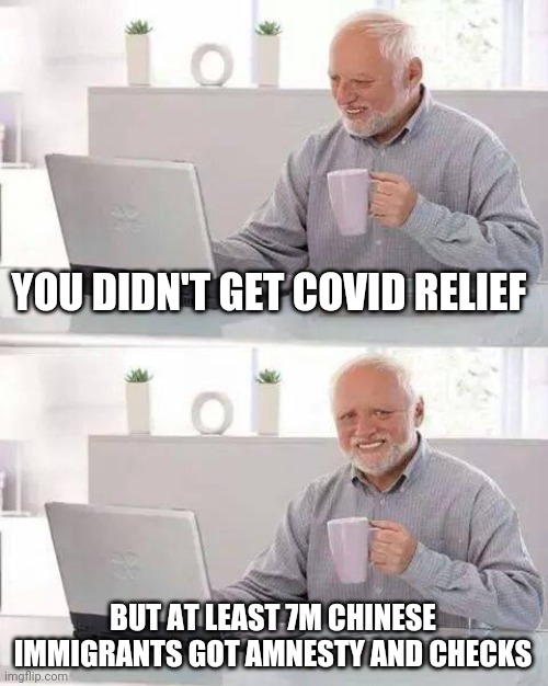 Politics and stuff | YOU DIDN'T GET COVID RELIEF; BUT AT LEAST 7M CHINESE IMMIGRANTS GOT AMNESTY AND CHECKS | image tagged in memes,hide the pain harold | made w/ Imgflip meme maker