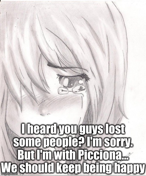 I'm sorry <3 | I heard you guys lost some people? I'm sorry. But I'm with Picciona... We should keep being happy | made w/ Imgflip meme maker