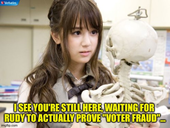 Still waiting... | I SEE YOU'RE STILL HERE, WAITING FOR 
RUDY TO ACTUALLY PROVE "VOTER FRAUD"... | image tagged in oku manami | made w/ Imgflip meme maker