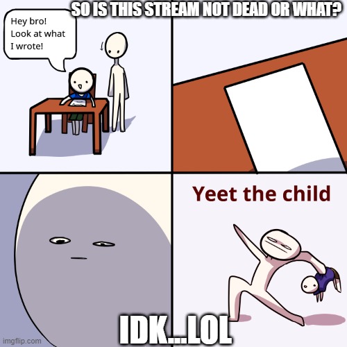 i have no clue....yeet responsibly please lmao | SO IS THIS STREAM NOT DEAD OR WHAT? IDK...LOL | image tagged in yeet the child | made w/ Imgflip meme maker