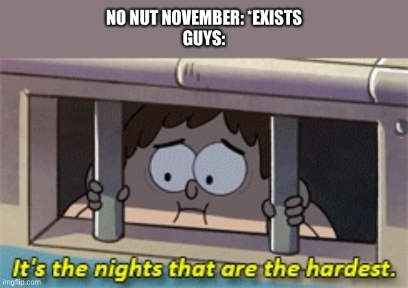 It's the nights that are the hardest | NO NUT NOVEMBER: *EXISTS
GUYS: | image tagged in it's the nights that are the hardest | made w/ Imgflip meme maker