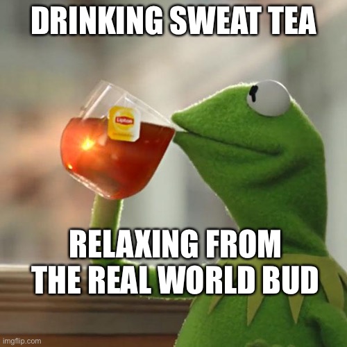 But That's None Of My Business Meme | DRINKING SWEAT TEA; RELAXING FROM THE REAL WORLD BUD | image tagged in memes,but that's none of my business,kermit the frog | made w/ Imgflip meme maker