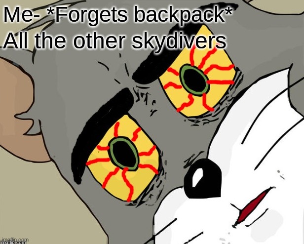 oh god |  ALL THE OTHER SKYDIVERS; ME- *FORGETS BACKPACK* | image tagged in help i've fallen and i can't get up | made w/ Imgflip meme maker