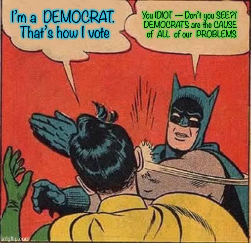 Batman Slapping Robin | I’m a  DEMOCRAT.  That’s how I vote; You IDIOT — Don’t you SEE?!  
DEMOCRATS are the CAUSE 
of  ALL  of our  PROBLEMS | image tagged in memes,batman slapping robin | made w/ Imgflip meme maker