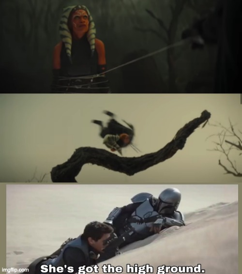 Man, if you watch this scene carefully, Ahsoka looks up, then smiles at Mando before taking the high ground | image tagged in the mandalorian,ahsoka,high ground | made w/ Imgflip meme maker