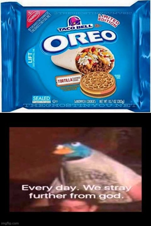 Taco Bell tortilla flavored oreo cookie | image tagged in everyday we stray further from god,memes,meme,taco bell,oreo,oreos | made w/ Imgflip meme maker