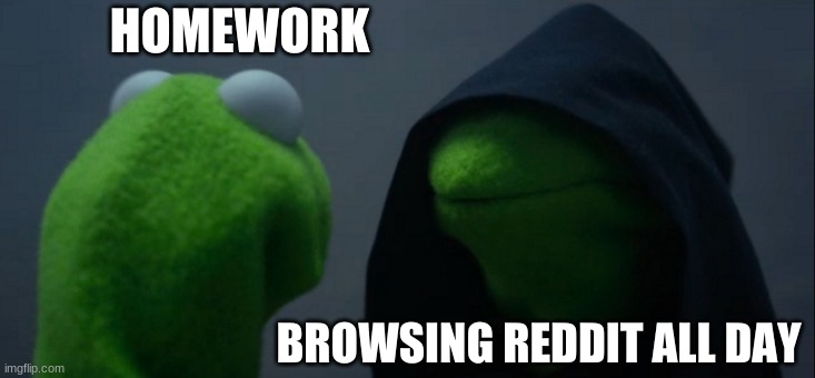 kermit | HOMEWORK; BROWSING REDDIT ALL DAY | image tagged in memes,evil kermit | made w/ Imgflip meme maker