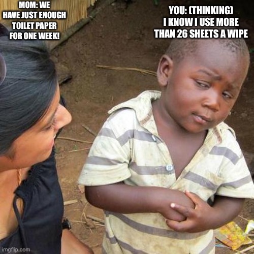 Tp meme | MOM: WE HAVE JUST ENOUGH TOILET PAPER FOR ONE WEEK! YOU: (THINKING) I KNOW I USE MORE THAN 26 SHEETS A WIPE | image tagged in memes,third world skeptical kid | made w/ Imgflip meme maker