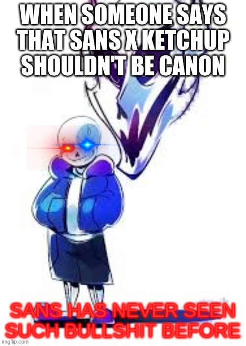 hello | WHEN SOMEONE SAYS THAT SANS X KETCHUP SHOULDN'T BE CANON | image tagged in sans has never seen such bullshit before | made w/ Imgflip meme maker